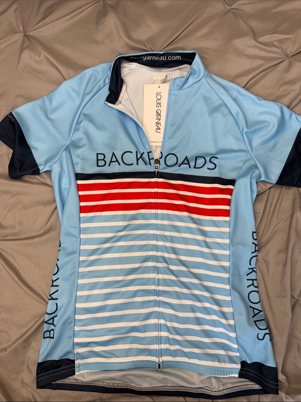 Backroads Light Blue & Red Striped Cycling Jersey by Louis Garneau - M